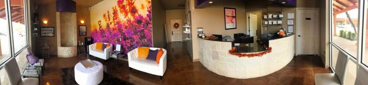 Lobby and front desk at Lavender Falls Face and Body Spa in Stone Oak, San Antonio at 19239 Stone Oak Pkwy